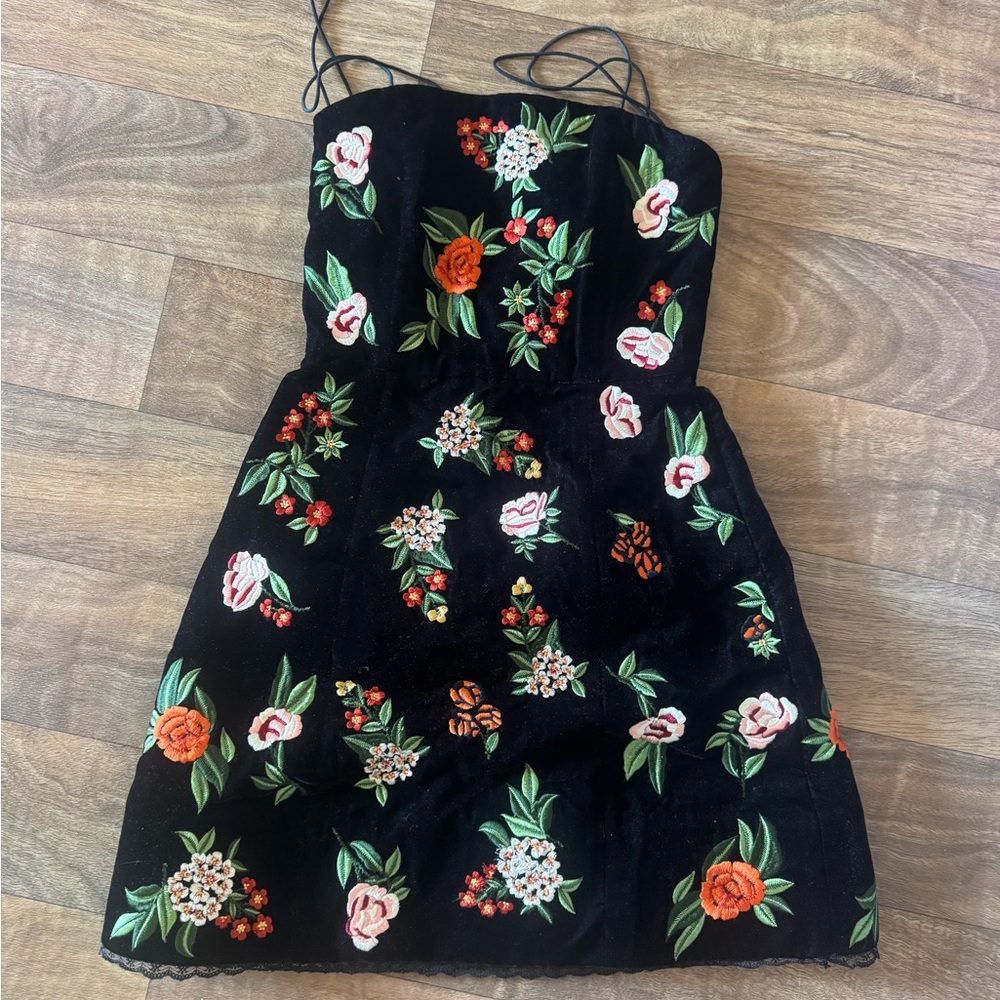 Alice + Olivia Black Mini Dress with Multicolor Floral Embroidery